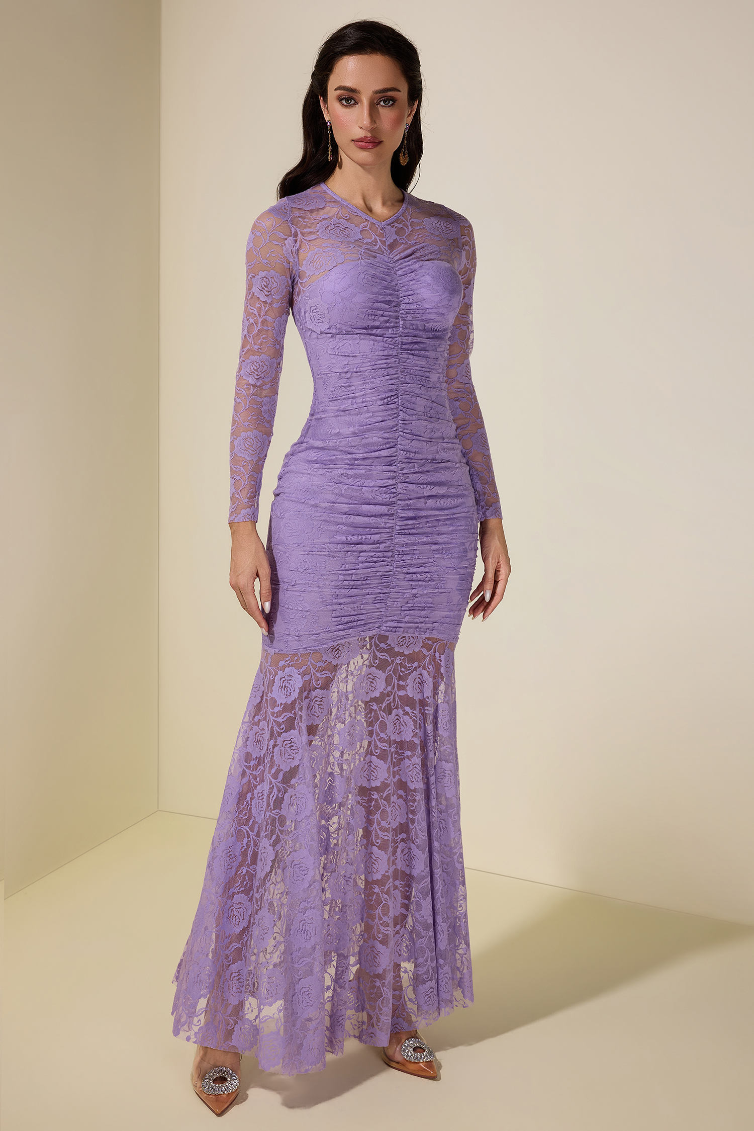 Lace Gathering Long Sleeve Midi Dress
