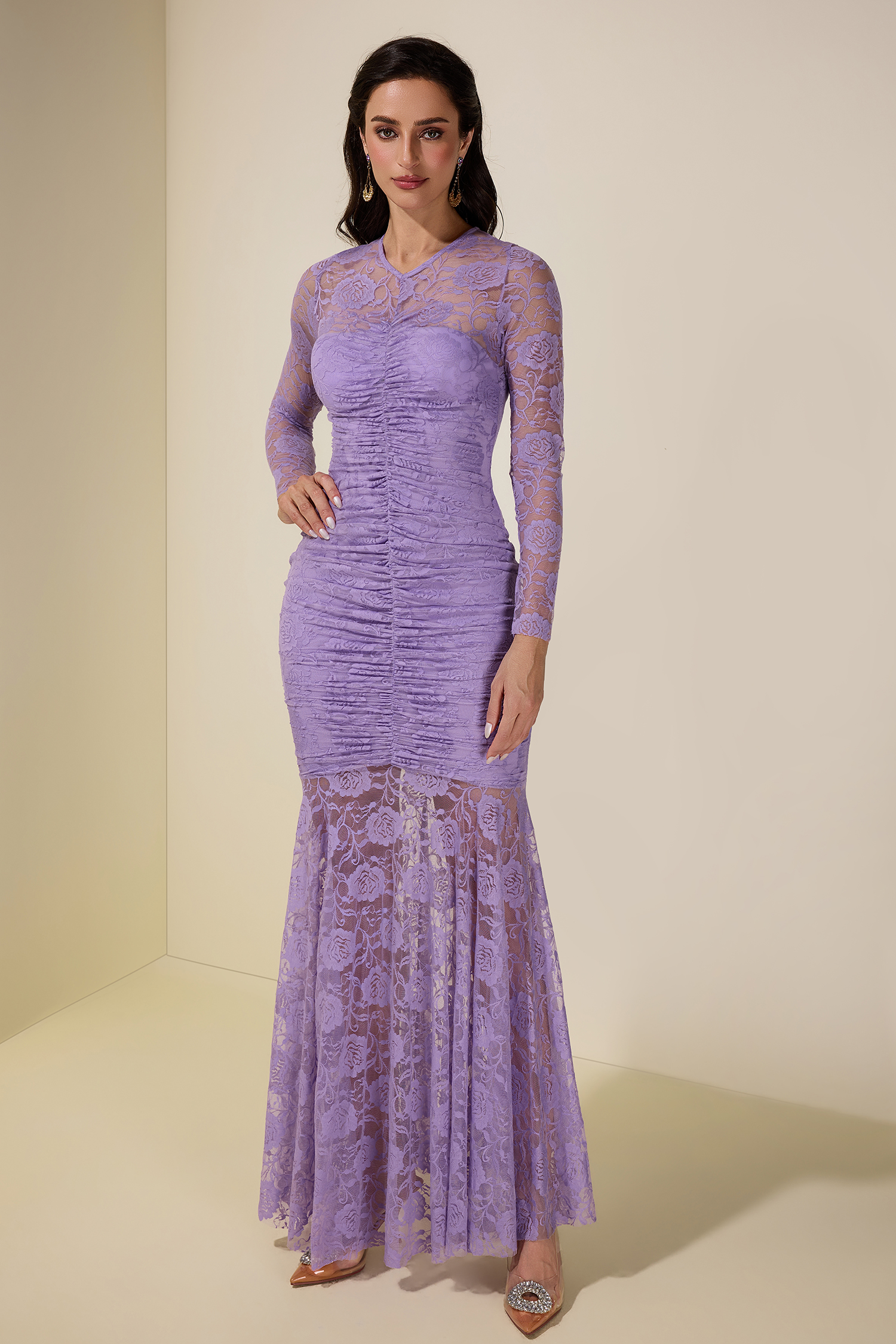 Lace Gathering Long Sleeve Midi Dress