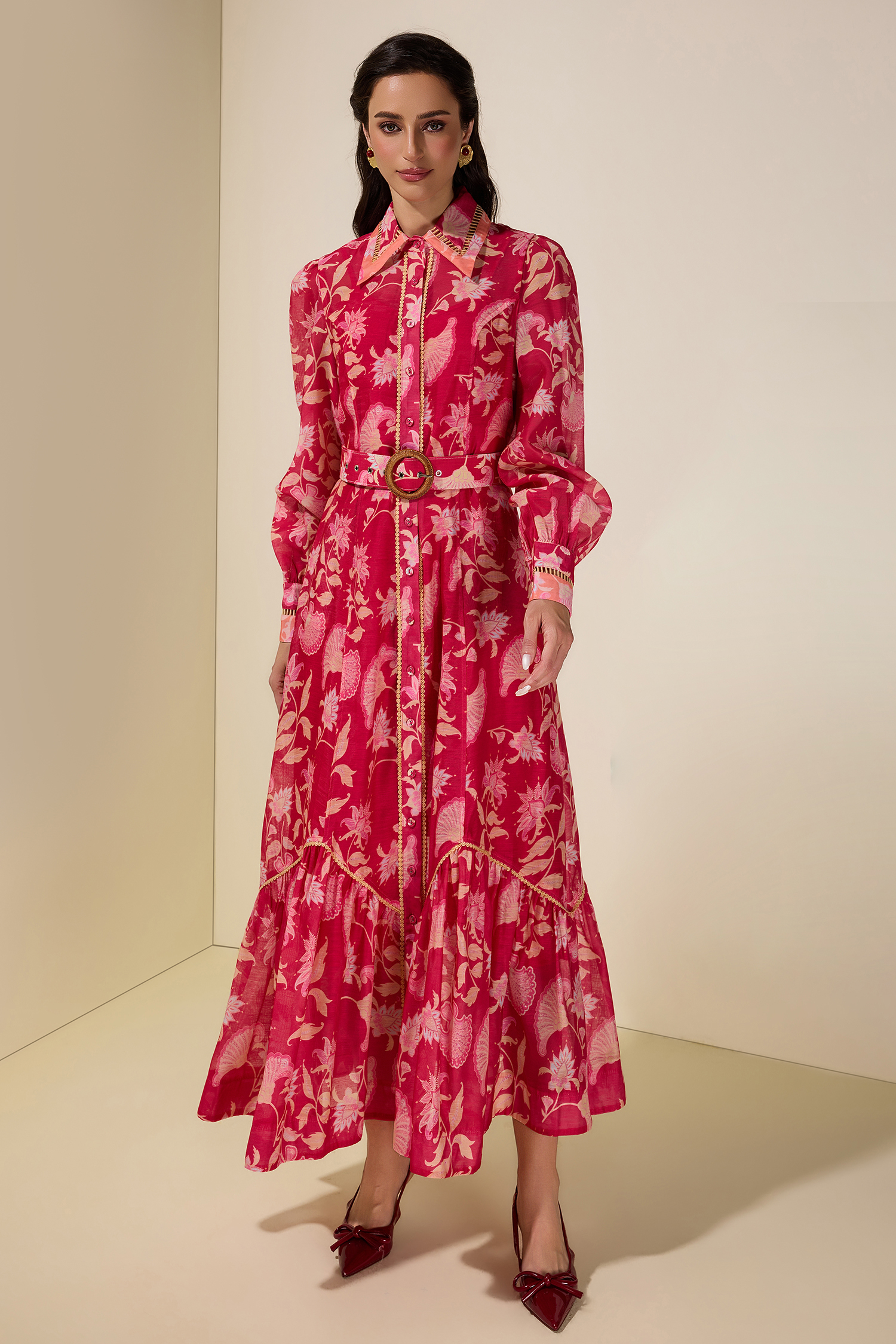 Paisley Print Lace Midi Dress With Belt