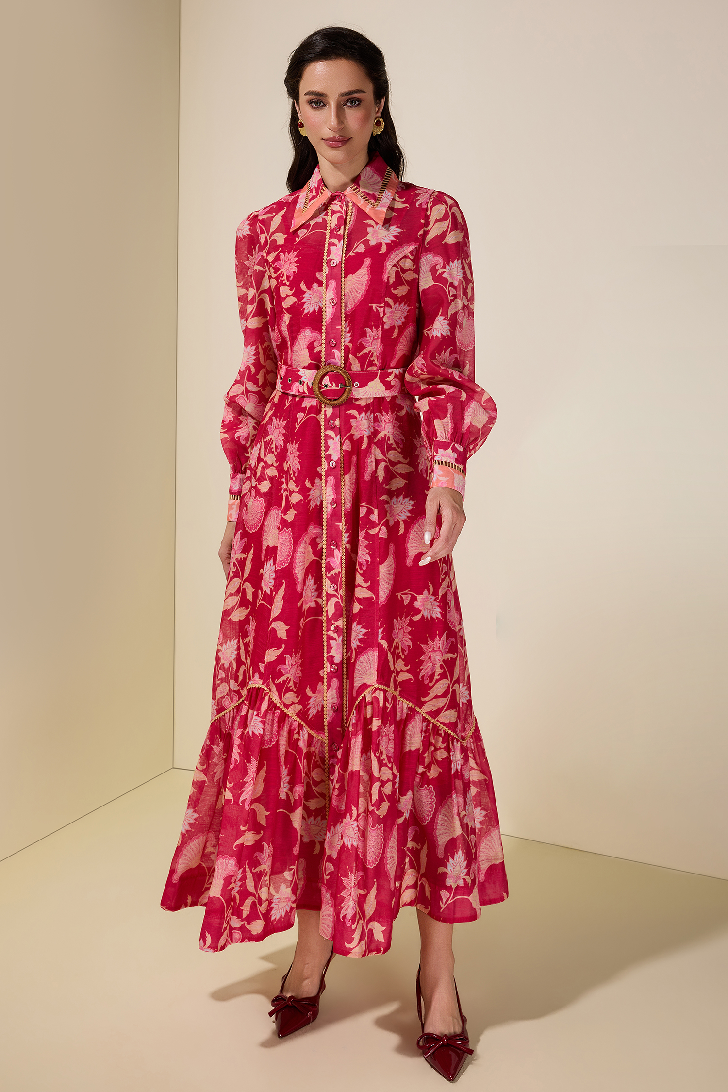 Paisley Print Lace Midi Dress With Belt