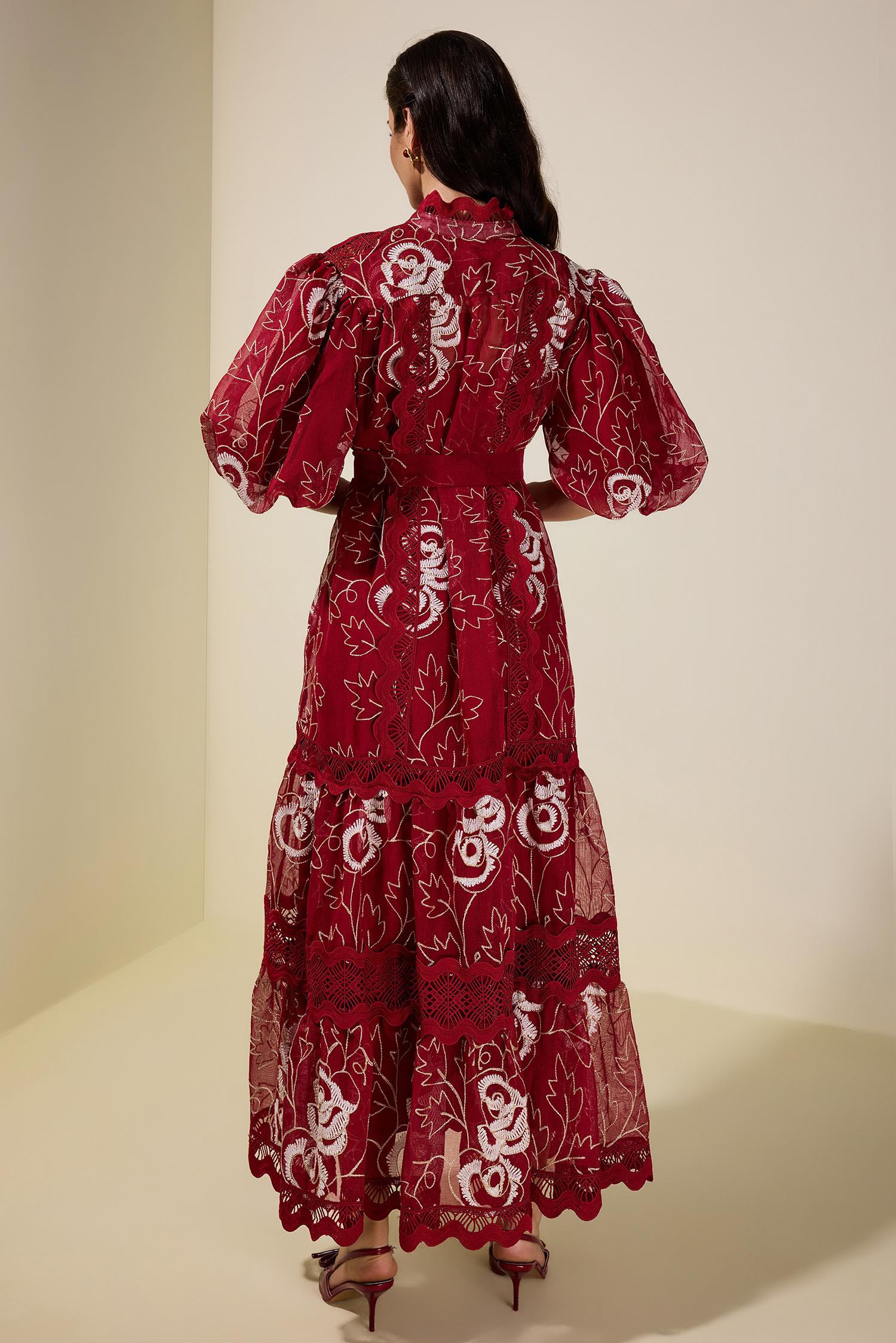 Lace Embroidered Puff Sleeve Midi Dress