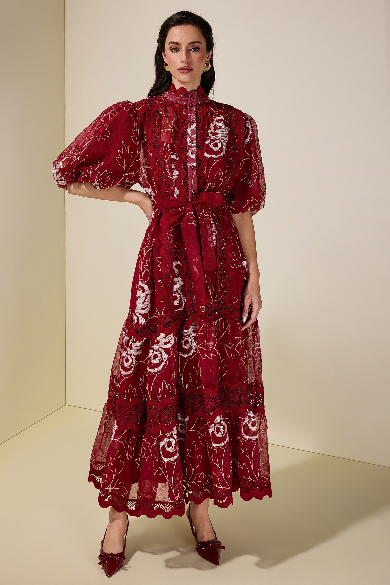 Lace Embroidered Puff Sleeve Midi Dress