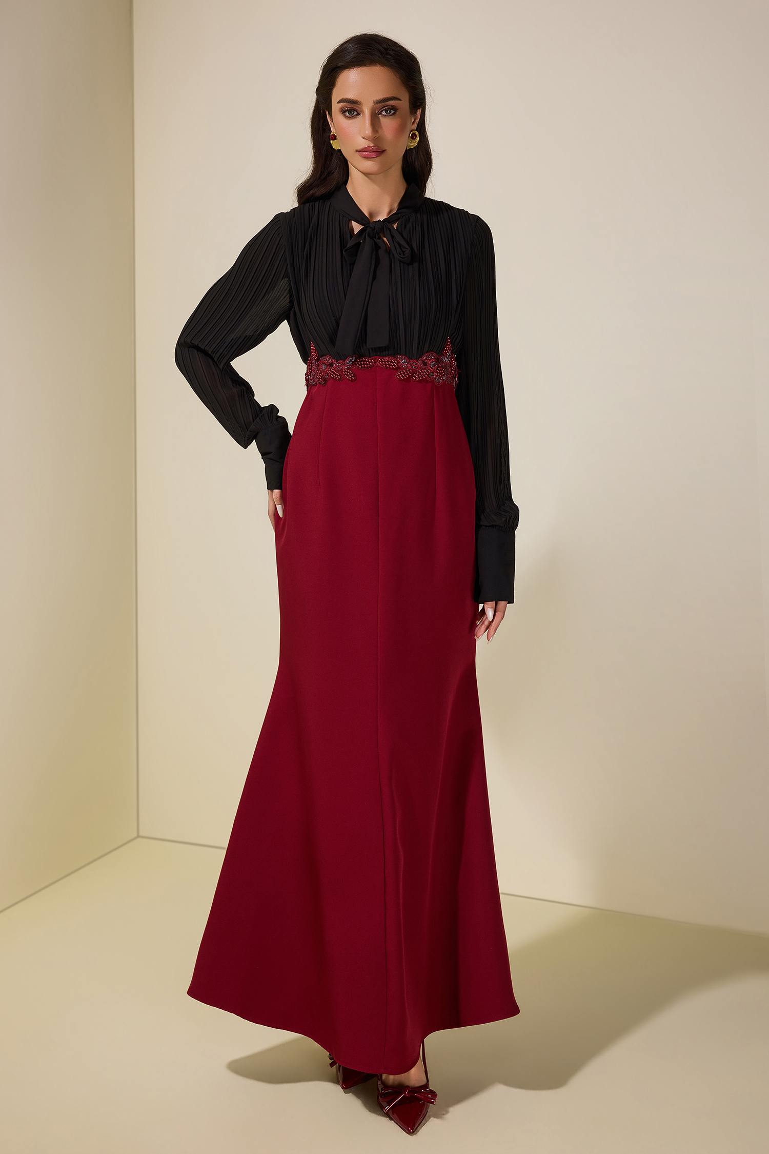 Chiffon Pleated Rivet Maxi Dress