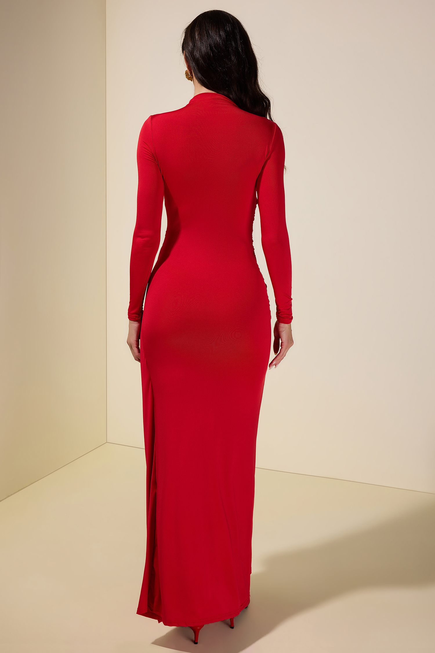 Solid Gathering Long Sleeve Maxi Dress