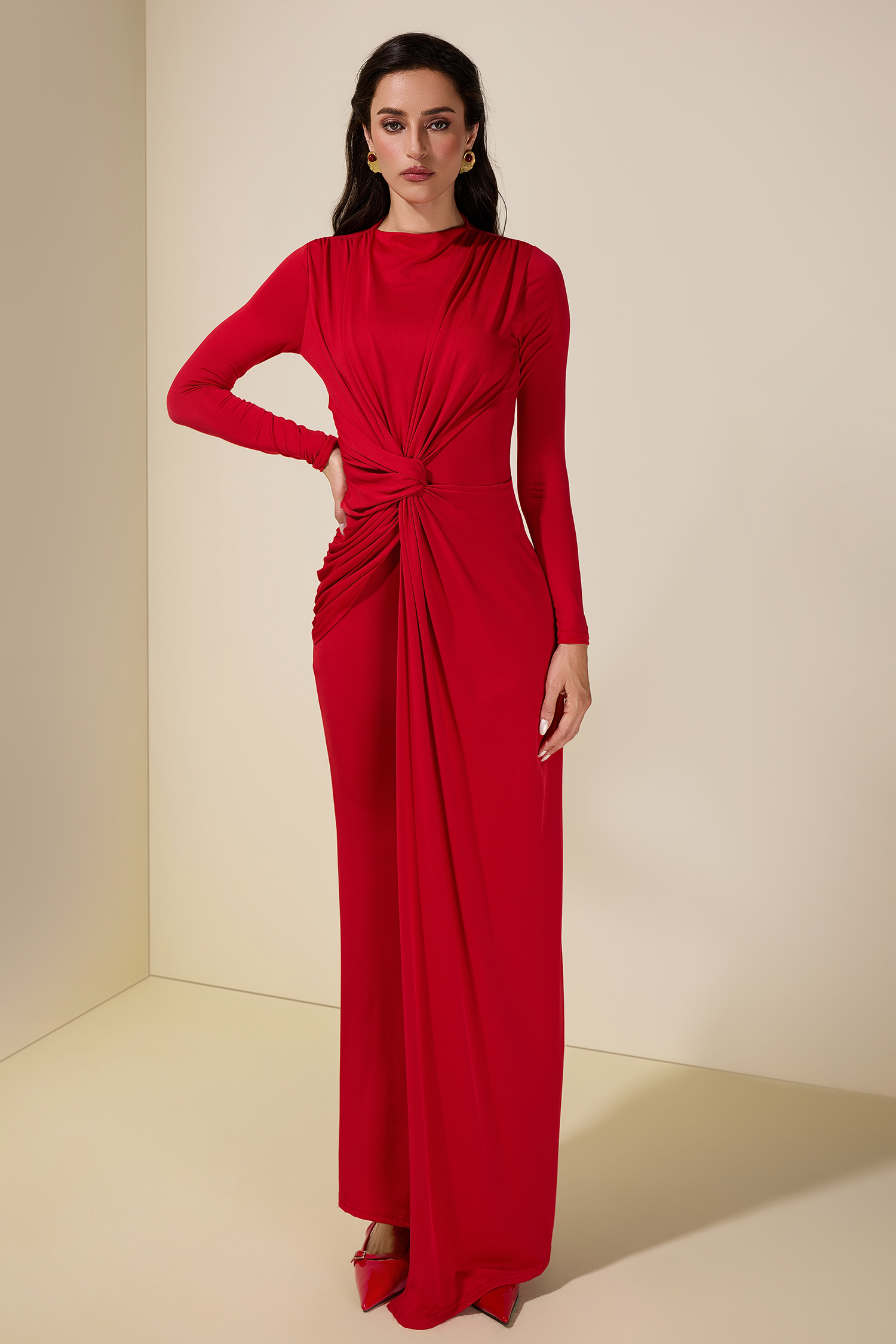 Solid Gathering Long Sleeve Maxi Dress