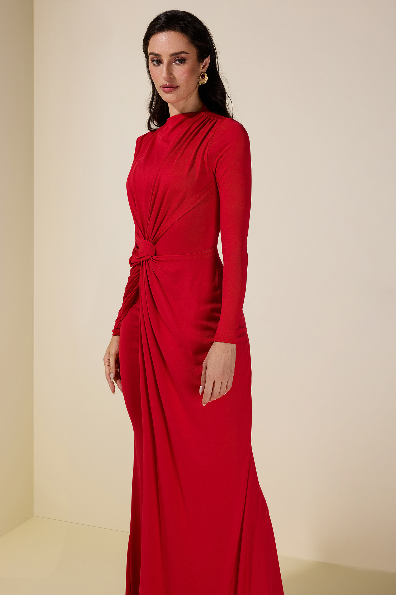 Solid Gathering Long Sleeve Maxi Dress