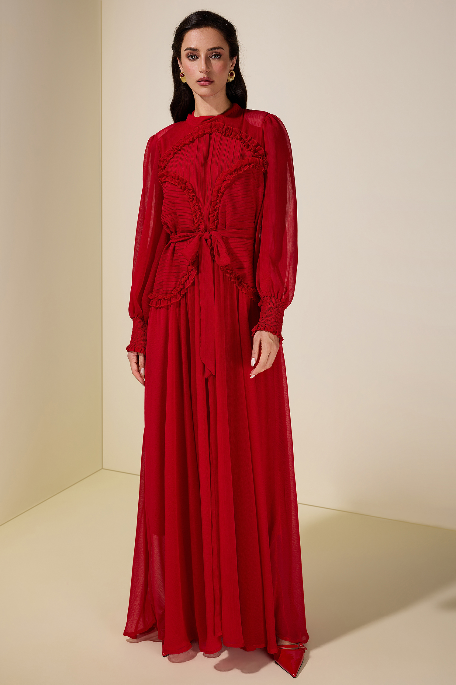 Chiffon Pleated Tie-Up Maxi Dress