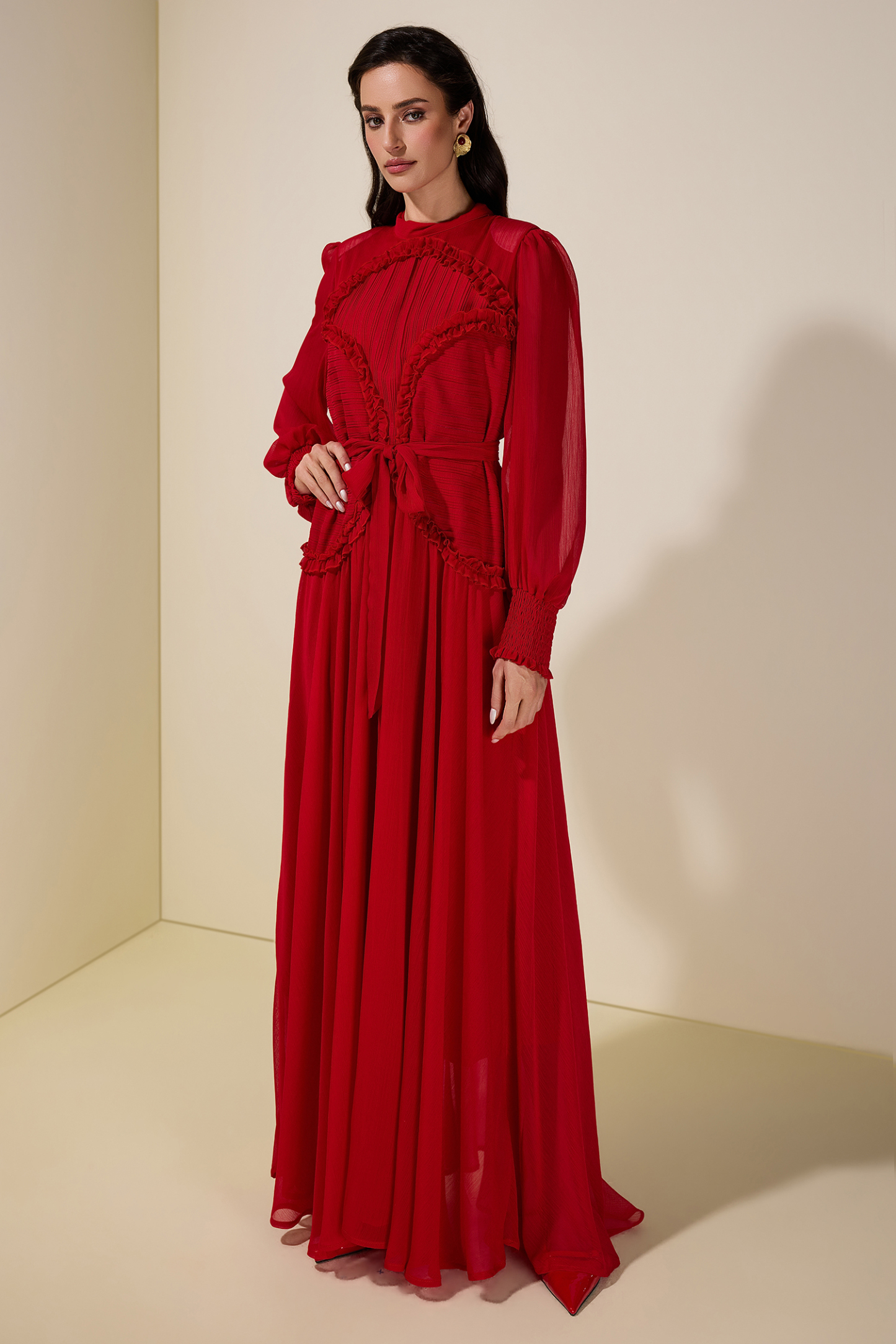 Chiffon Pleated Tie-Up Maxi Dress