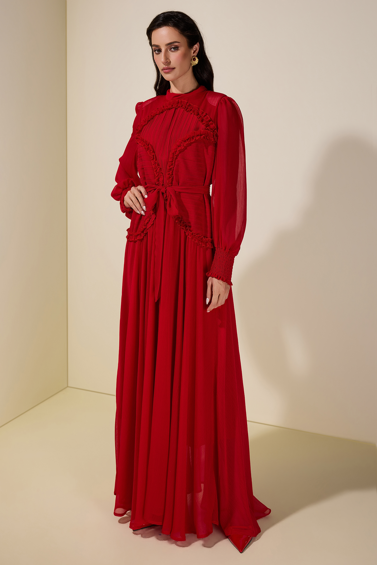 Chiffon Pleated Tie-Up Maxi Dress