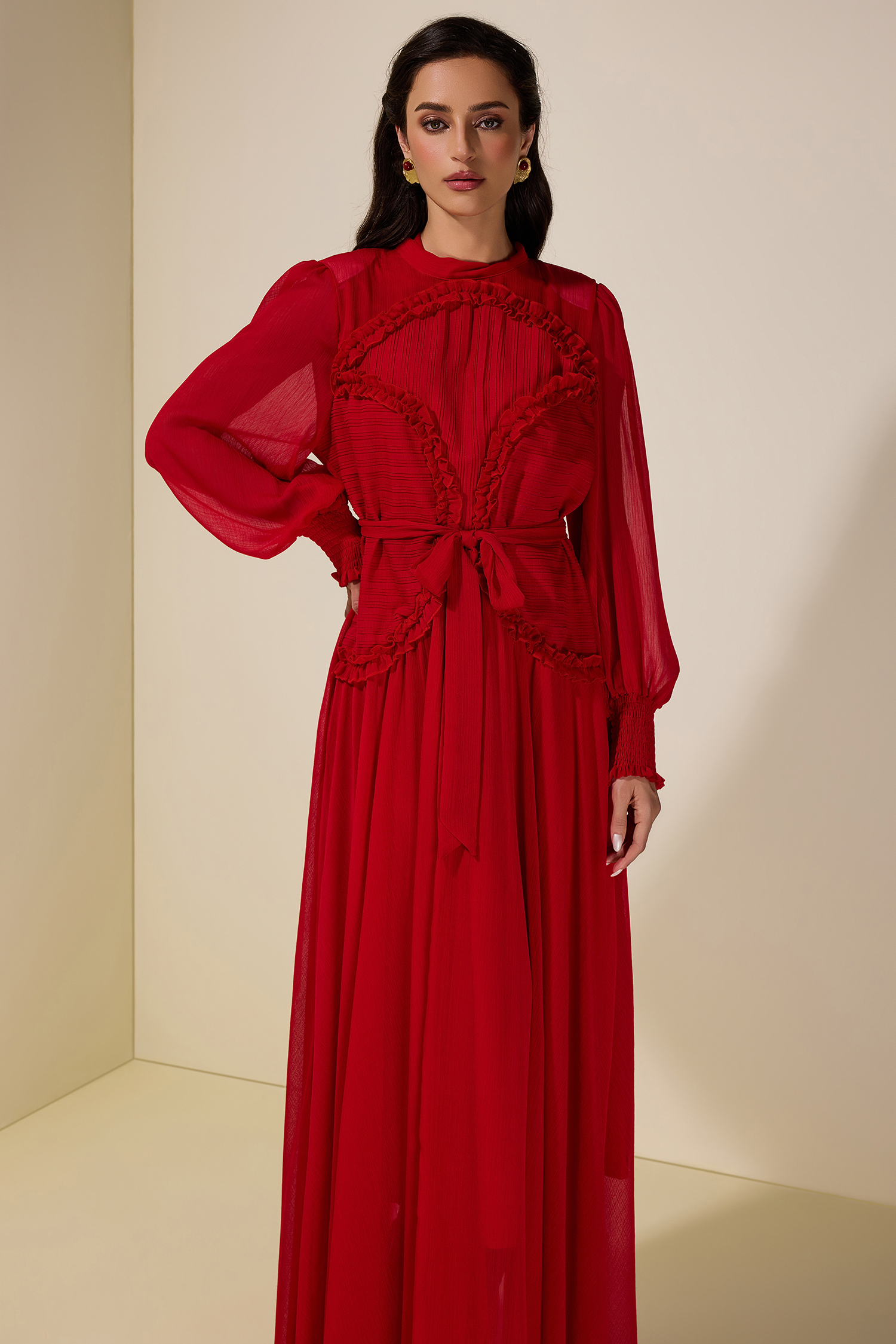 Chiffon Pleated Tie-Up Maxi Dress