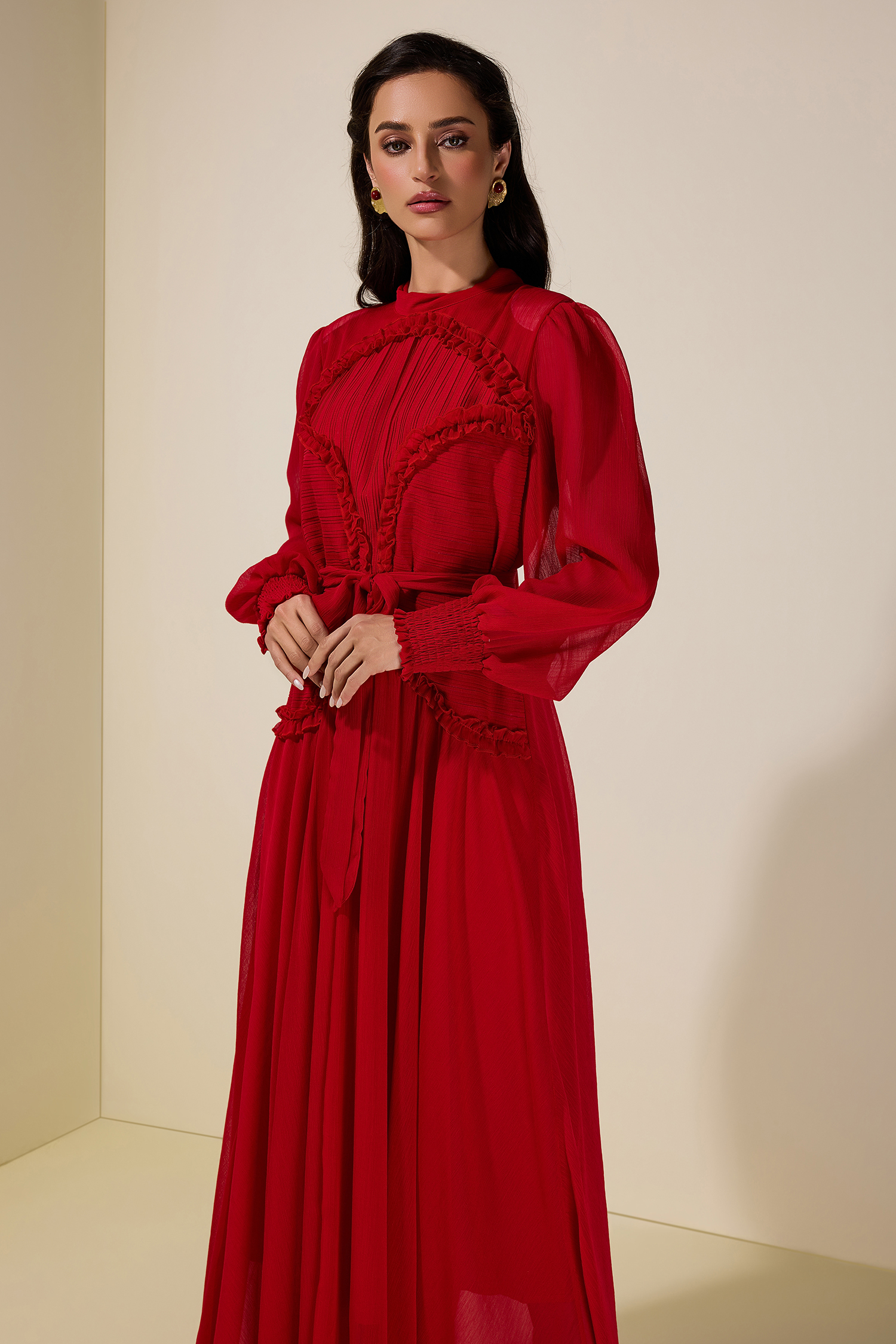 Chiffon Pleated Tie-Up Maxi Dress