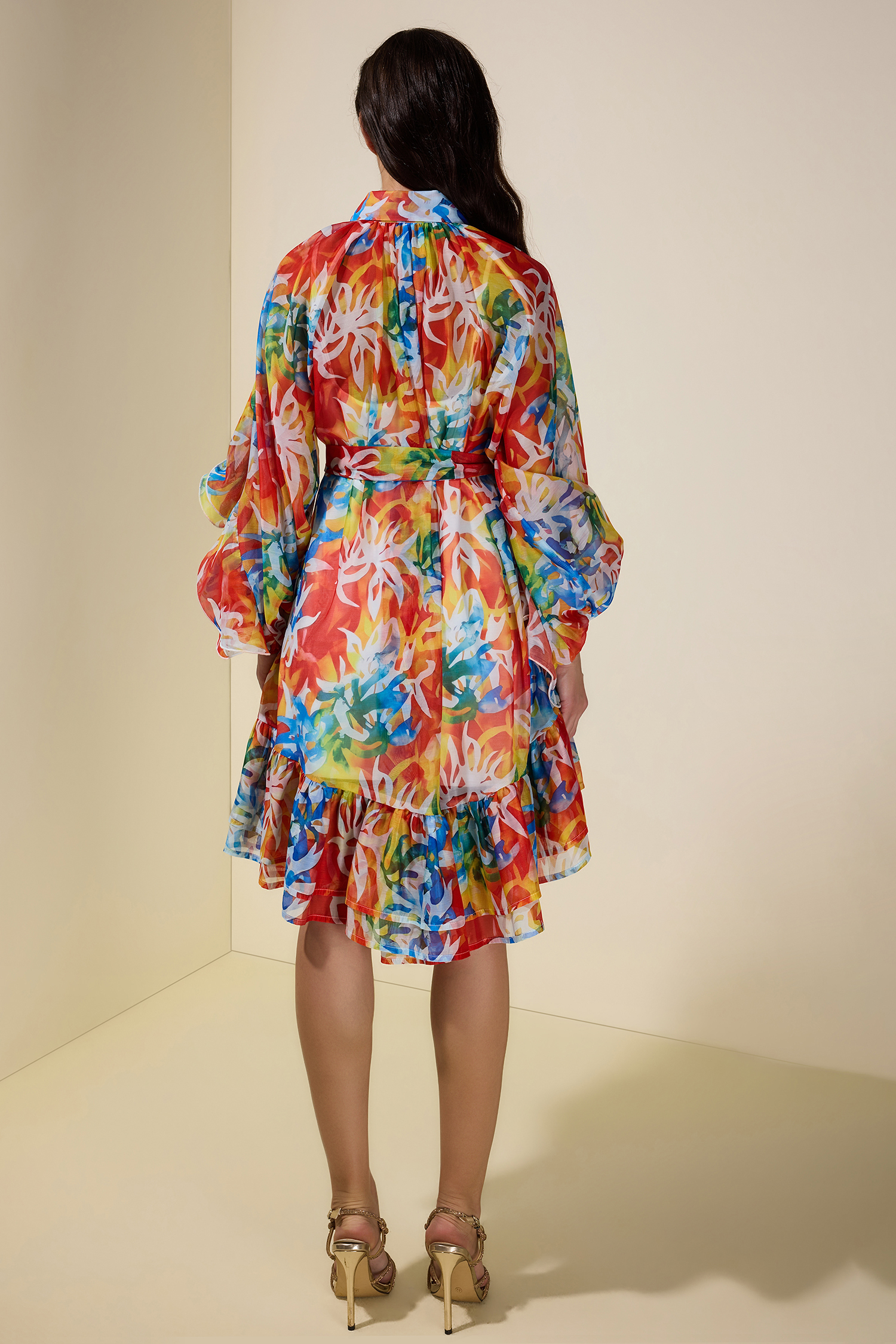Abstract Print Ruffle Mini Dress With Belt
