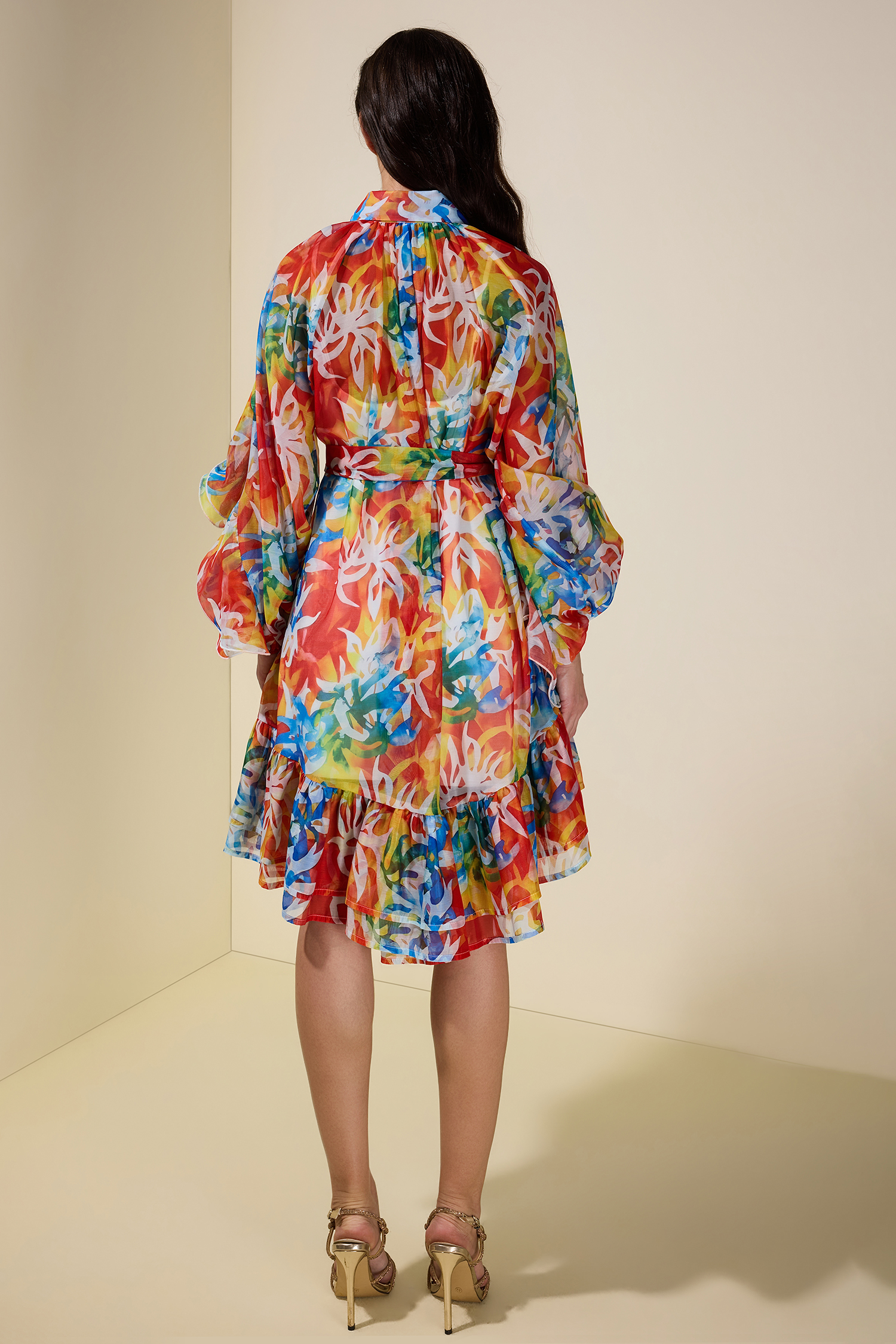 Abstract Print Ruffle Mini Dress With Belt