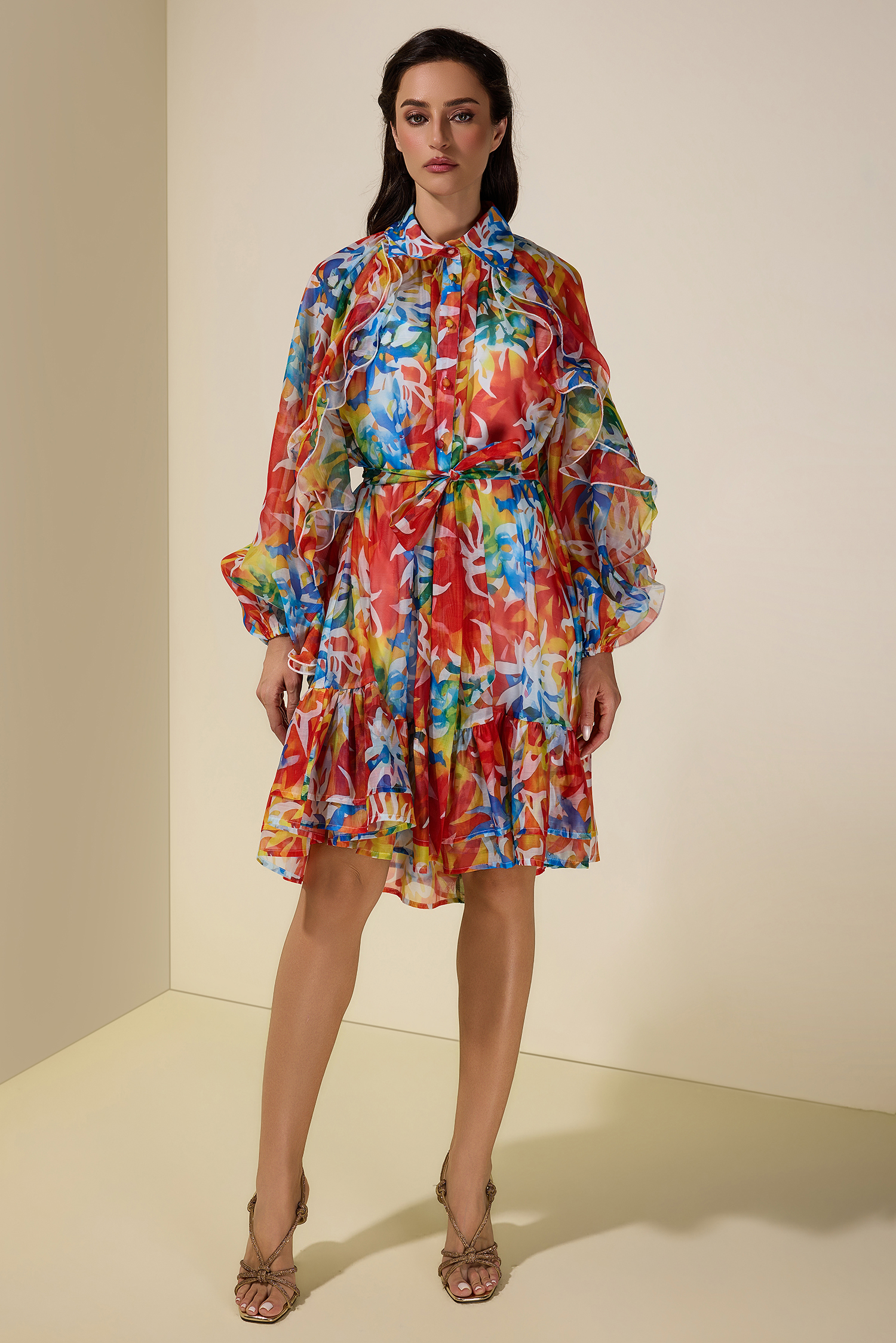 Abstract Print Ruffle Mini Dress With Belt
