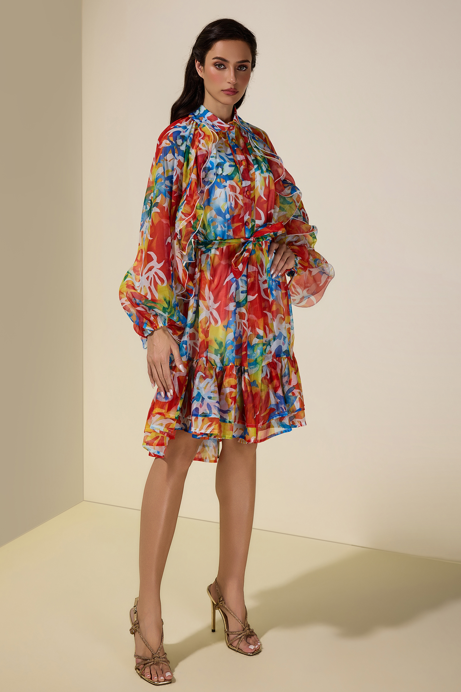 Abstract Print Ruffle Mini Dress With Belt