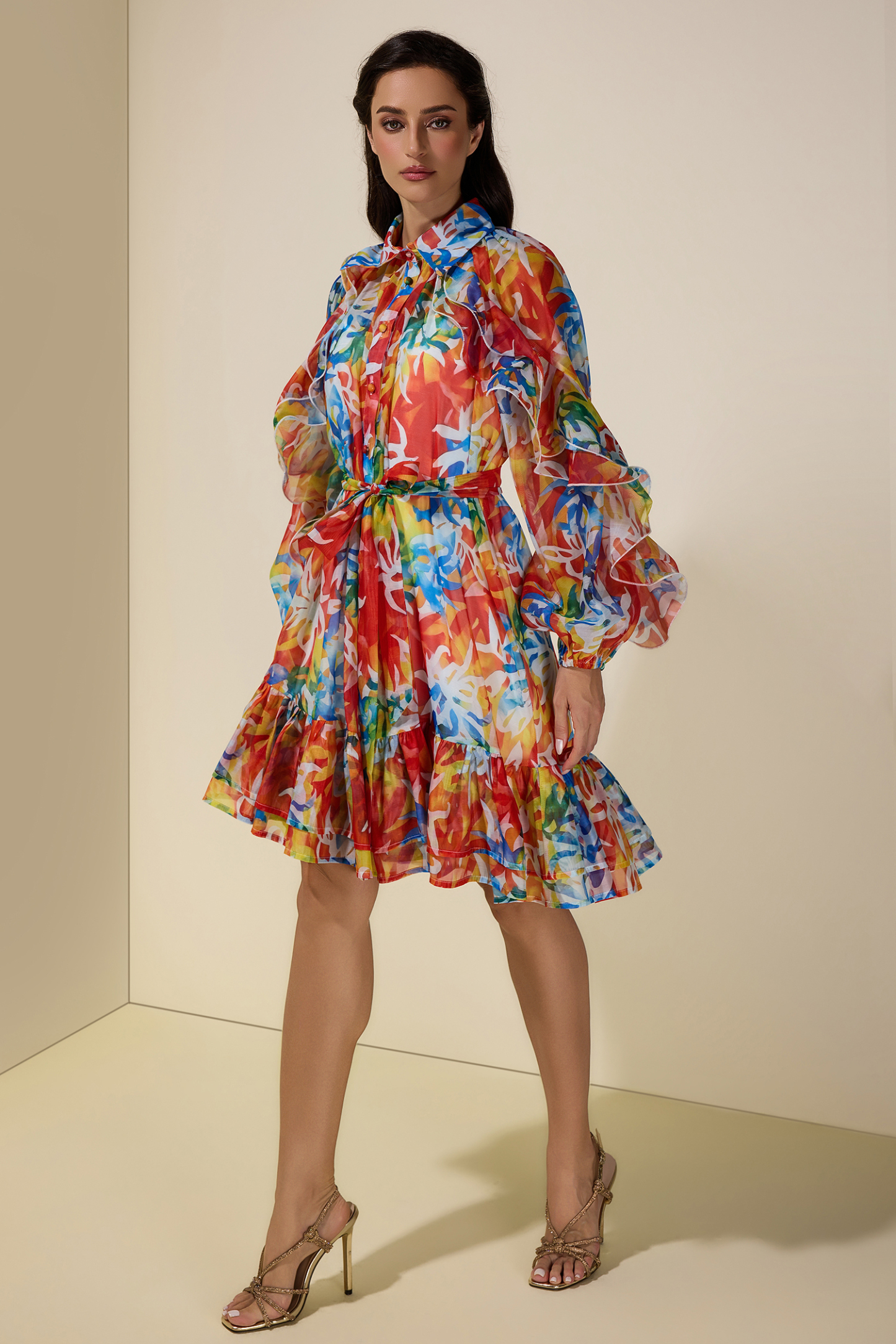 Abstract Print Ruffle Mini Dress With Belt