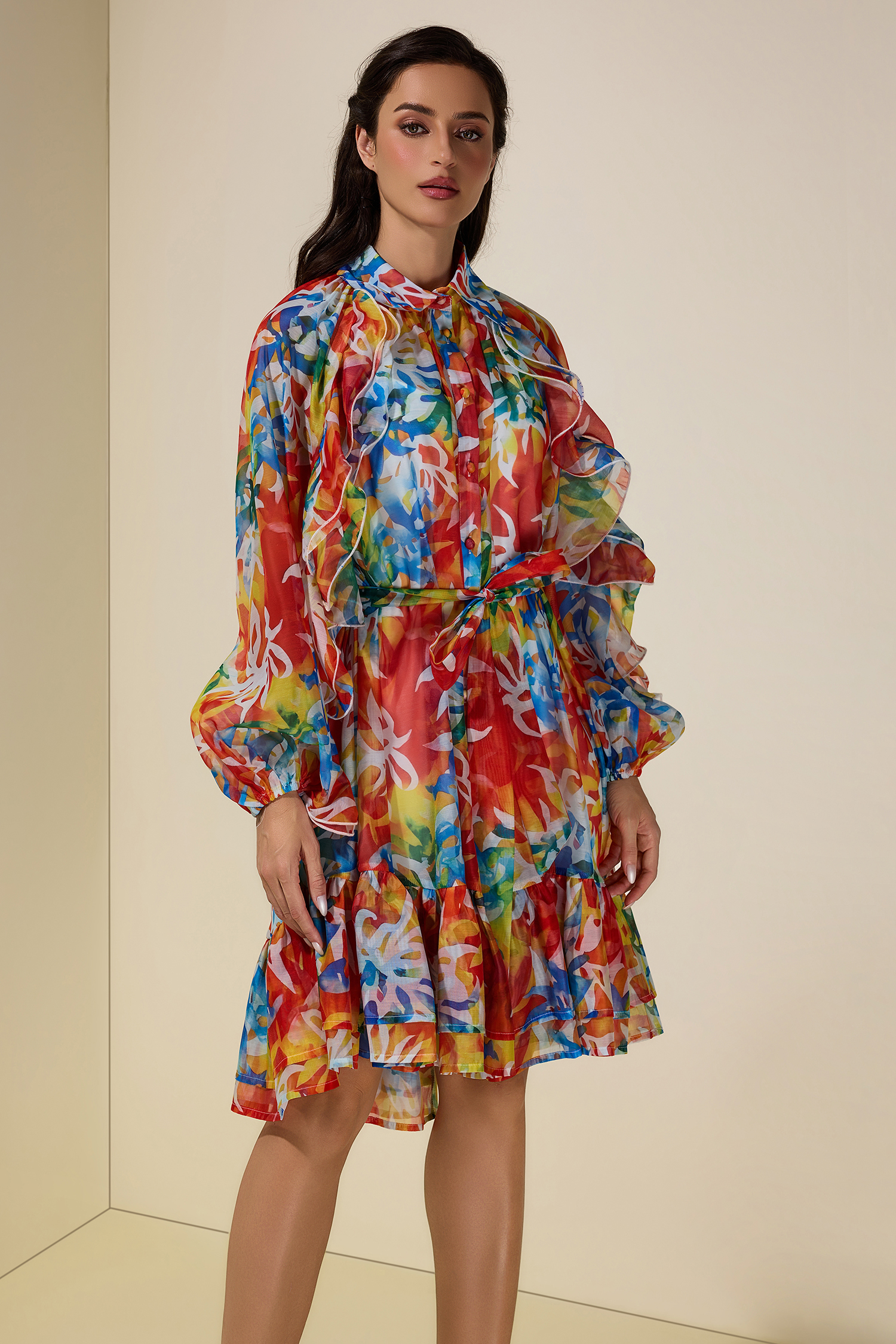 Abstract Print Ruffle Mini Dress With Belt