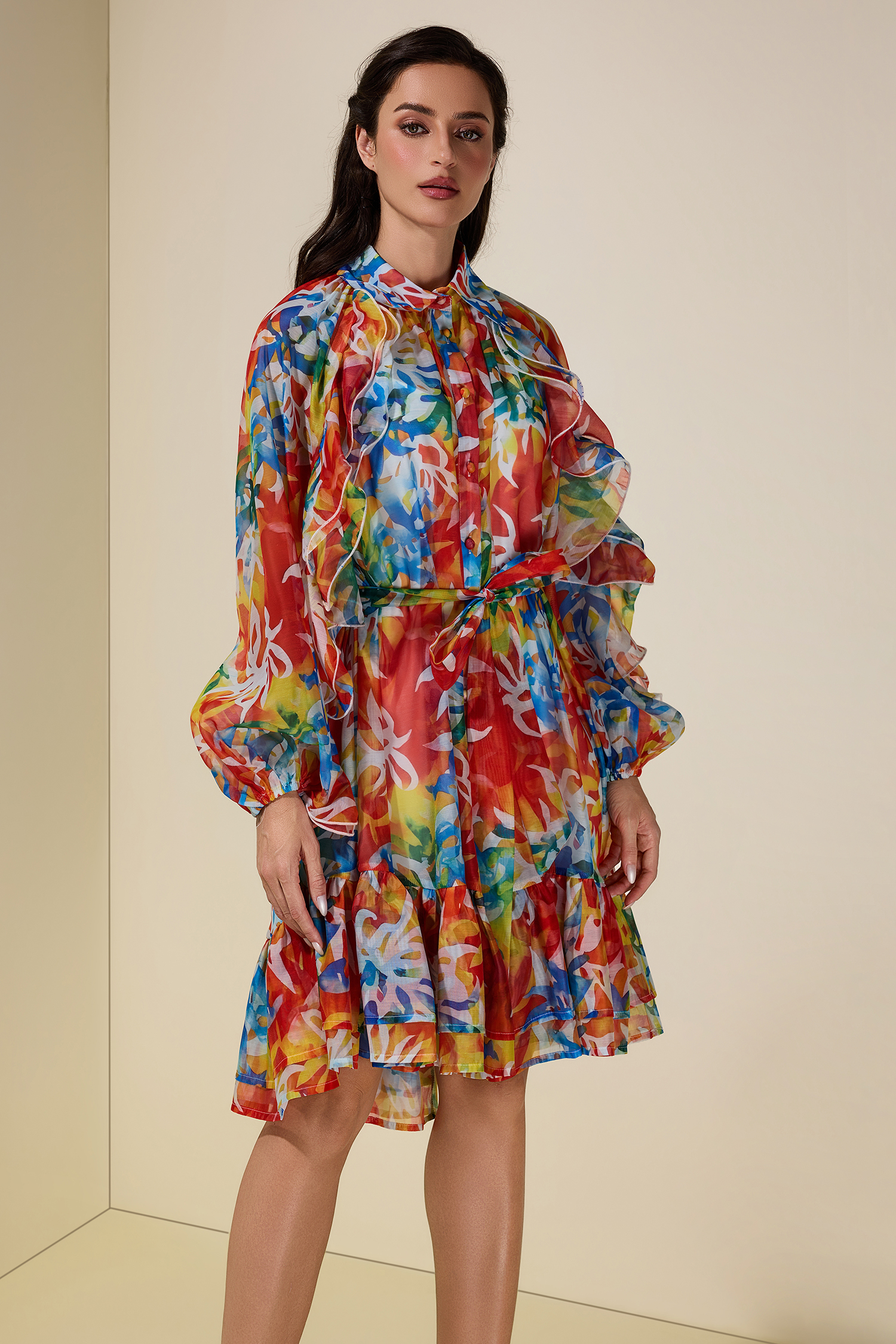 Abstract Print Ruffle Mini Dress With Belt