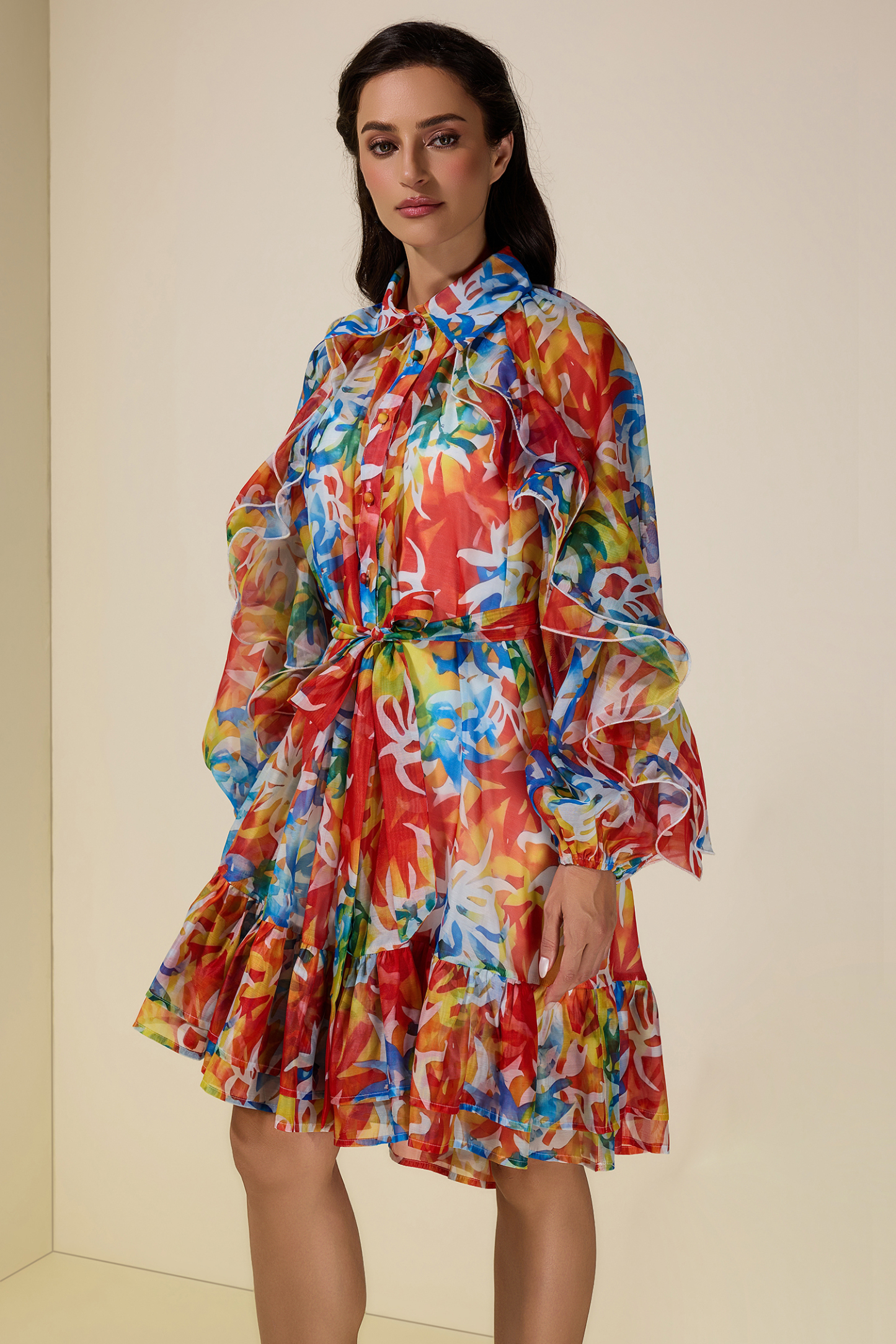 Abstract Print Ruffle Mini Dress With Belt