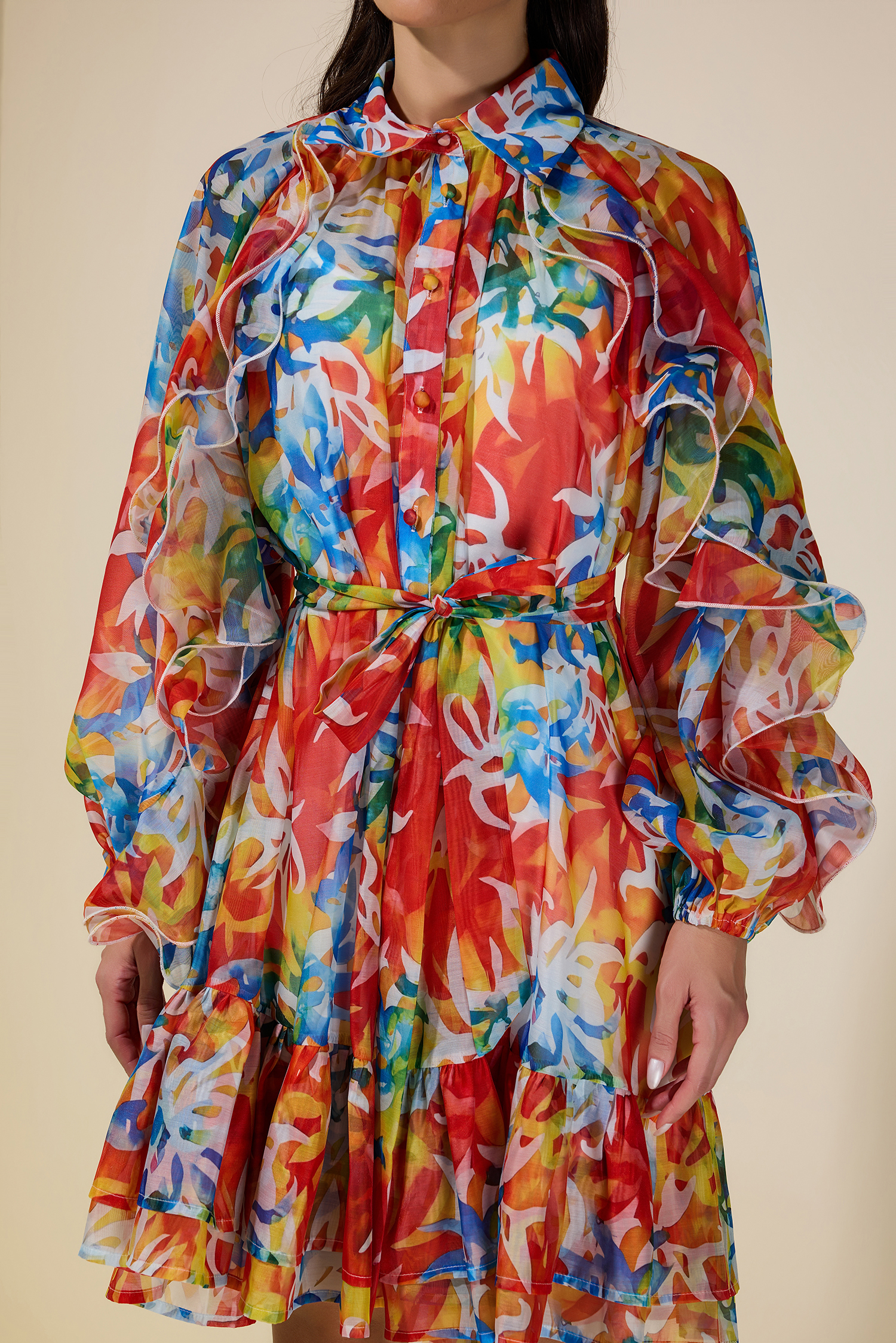 Abstract Print Ruffle Mini Dress With Belt