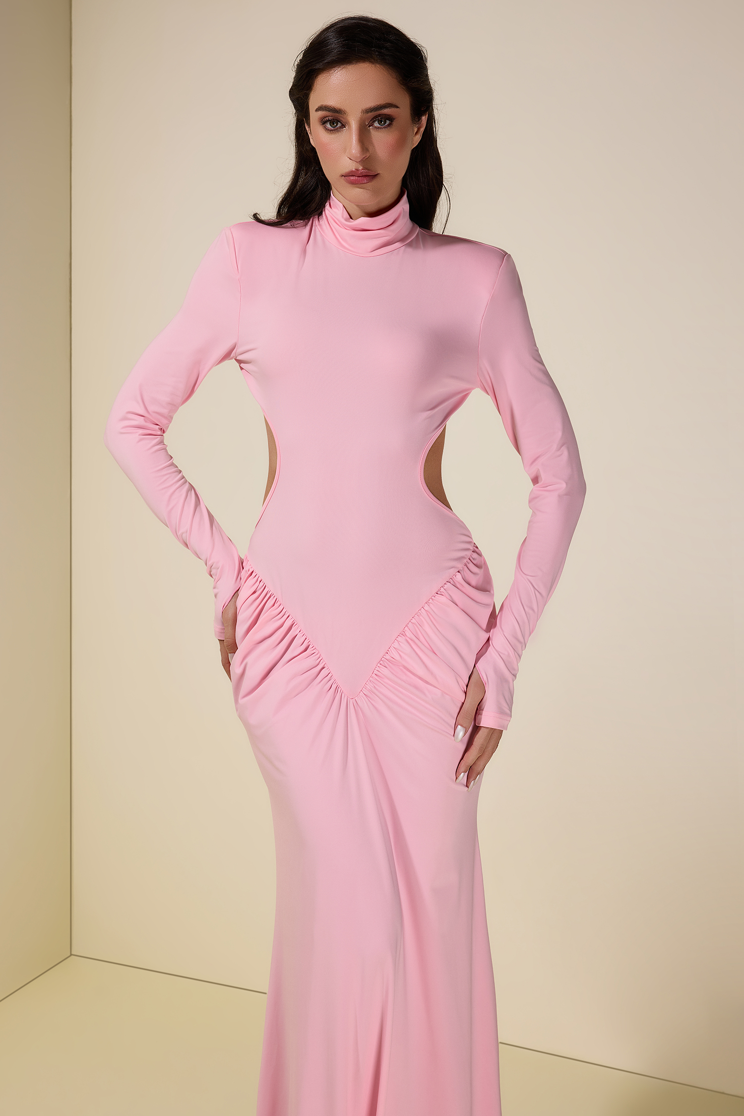Solid Gathering Cut-Out Maxi Dress