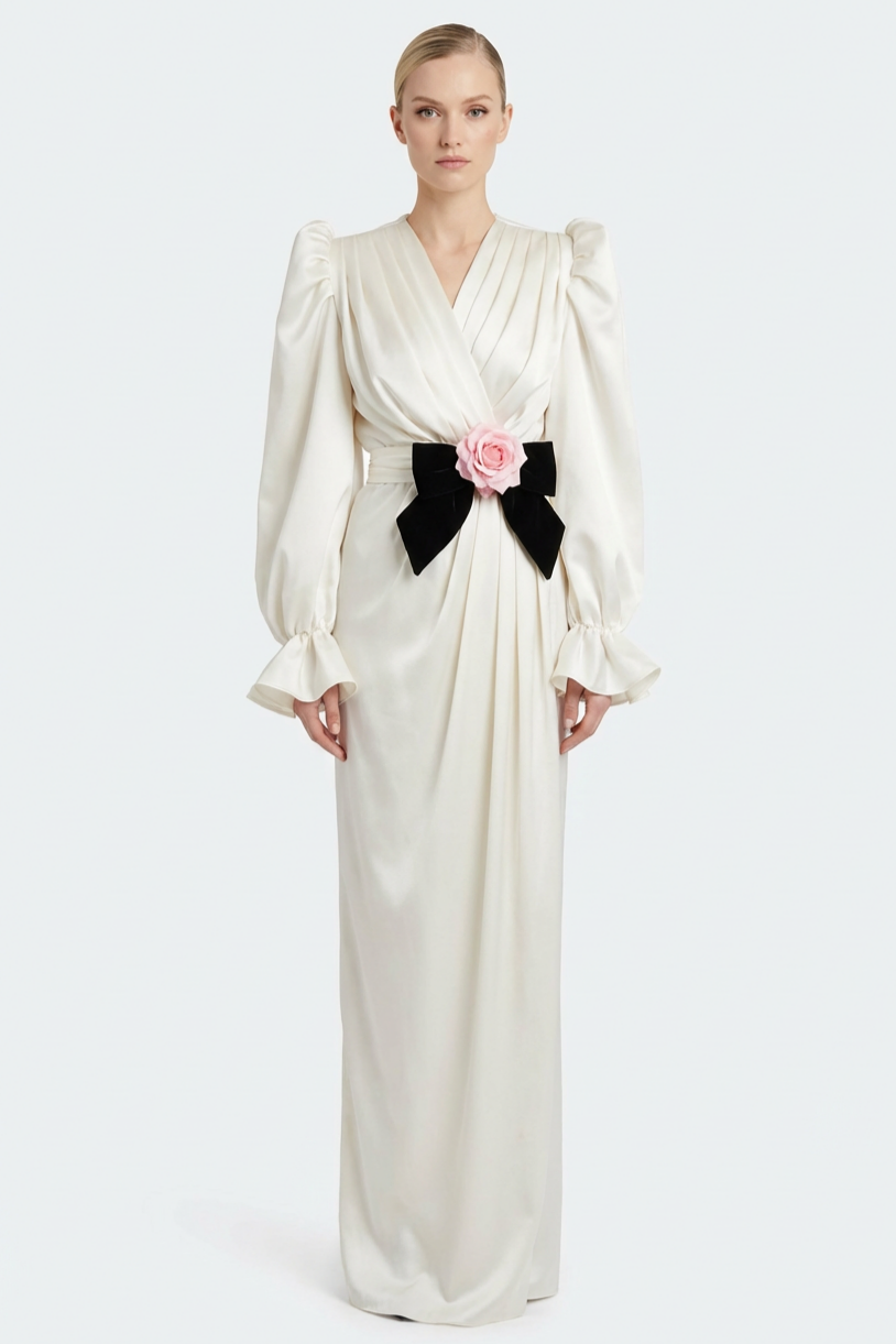 Satin Pleated Bow Maxi Dress
