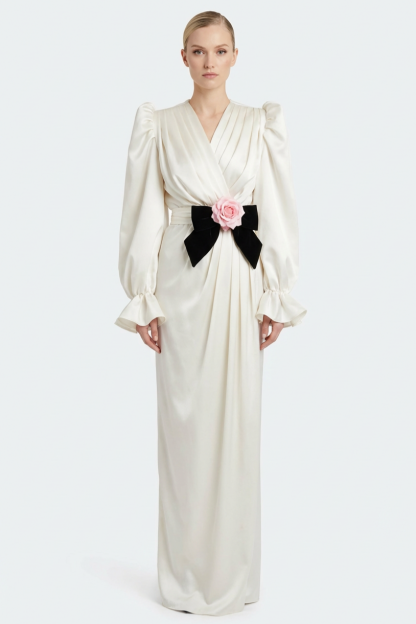 Satin Pleated Bow  Maxi Dress