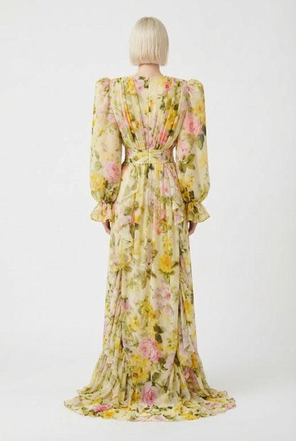Floral Pleated 3D Flower Maxi Dress