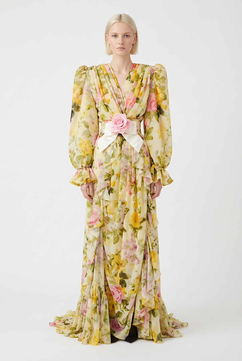 Floral Pleated 3D Flower Maxi Dress