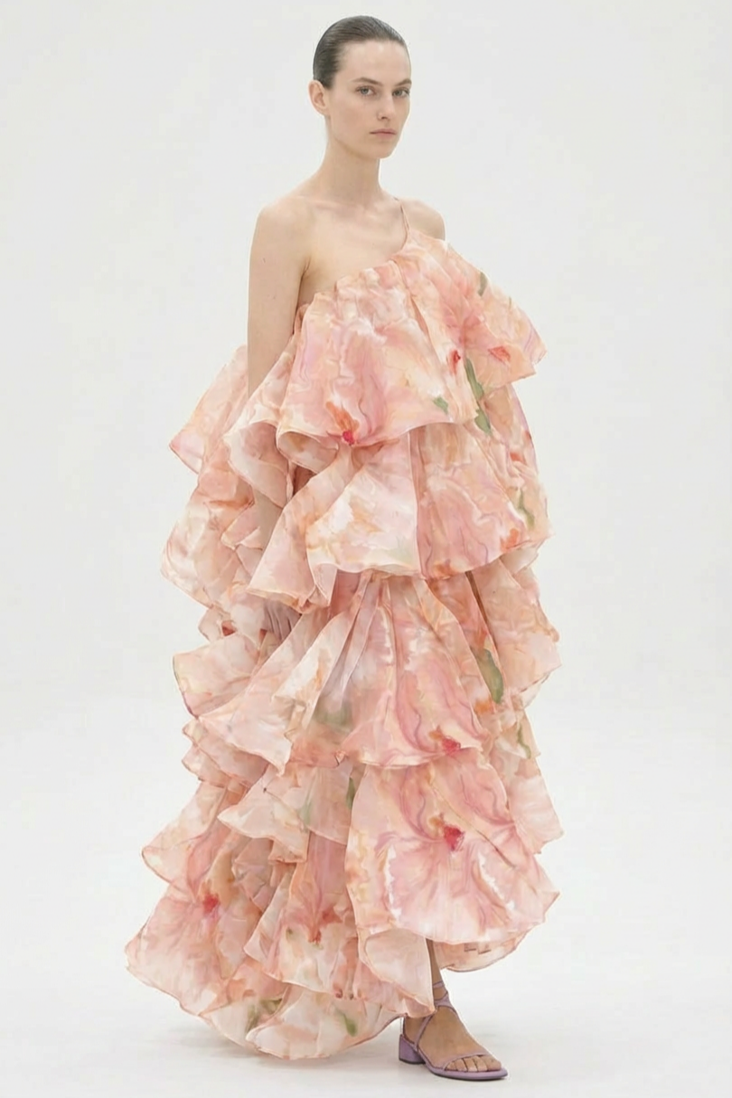 Floral One Shoulder Ruffle Maxi Dress