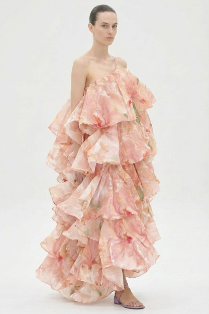 Floral One Shoulder Ruffle Maxi Dress