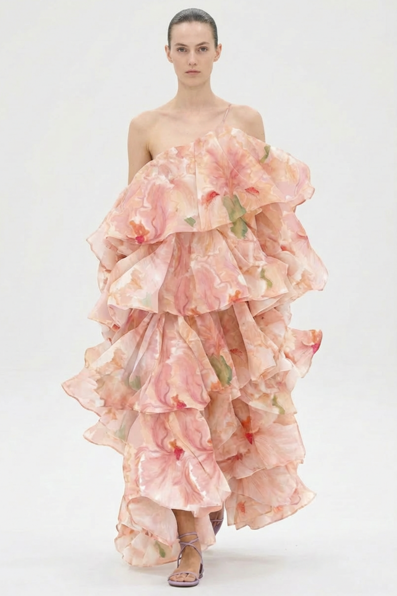 Floral One Shoulder Ruffle Maxi Dress