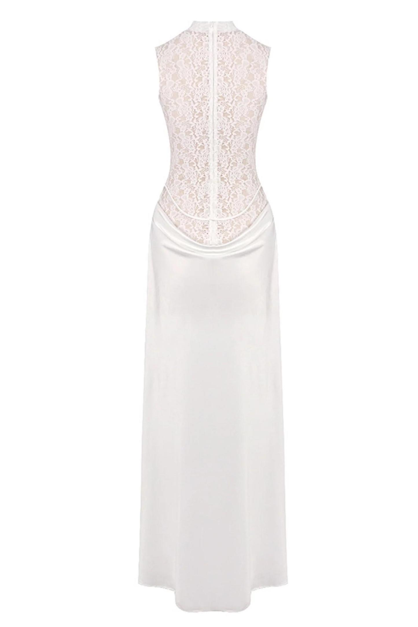 Lace Splicing Satin 3D Flower Maxi Dress