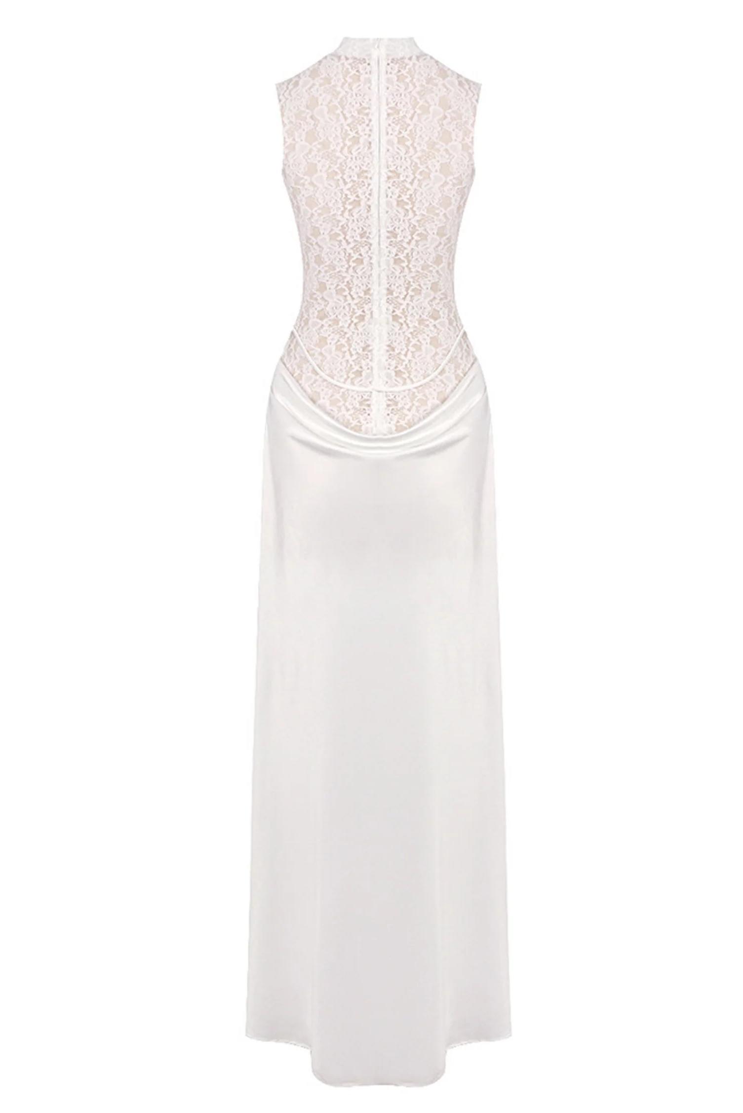 Lace Splicing Satin 3D Flower Maxi Dress