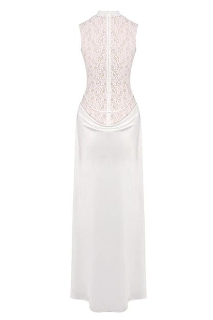 Lace Splicing Satin 3D Flower Maxi Dress