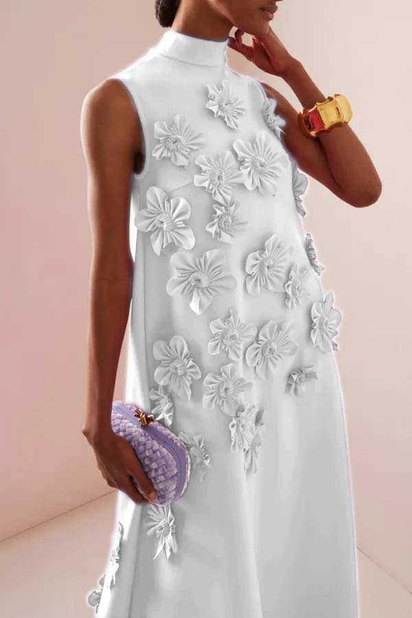 3D Floral High Neck Sleeveless Maxi Dress White