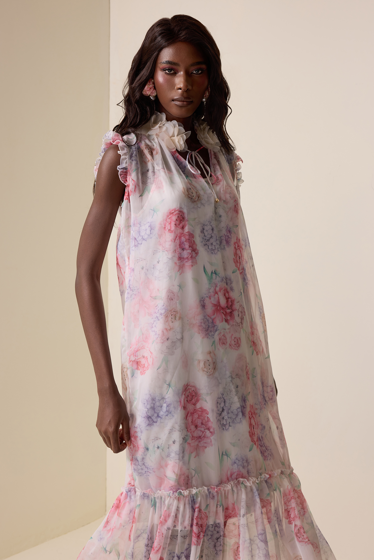 Floral Ruffle Lace-Up Midi Dress