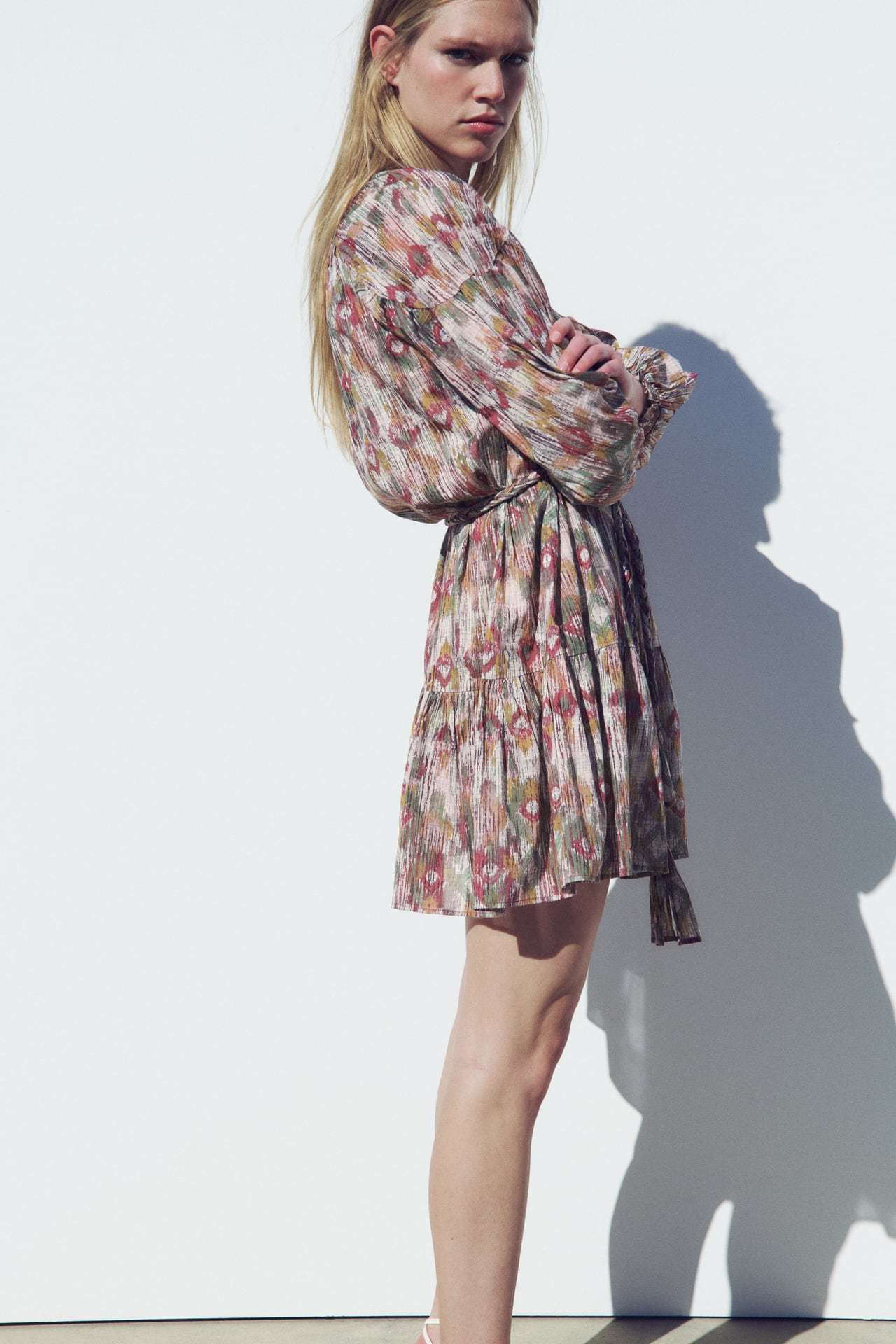 Floral Puff Long Sleeve Buttoned Lace Up Ruffle Hem Mini Dress