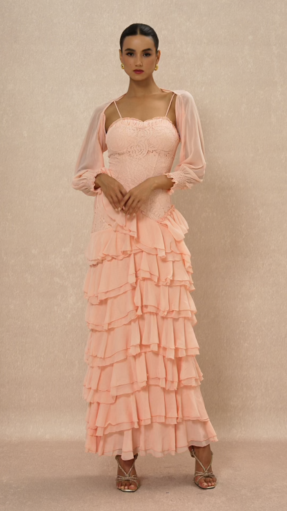Lace Ruffle Sweetheart Neck Maxi Dress