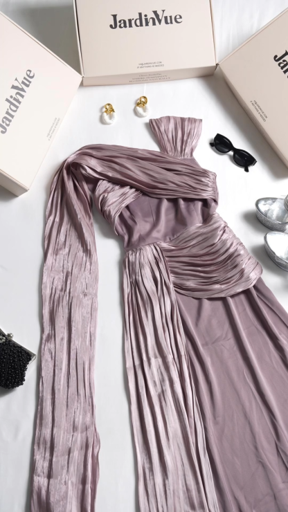 Satin Gathering Cape Sleeve Midi Dress