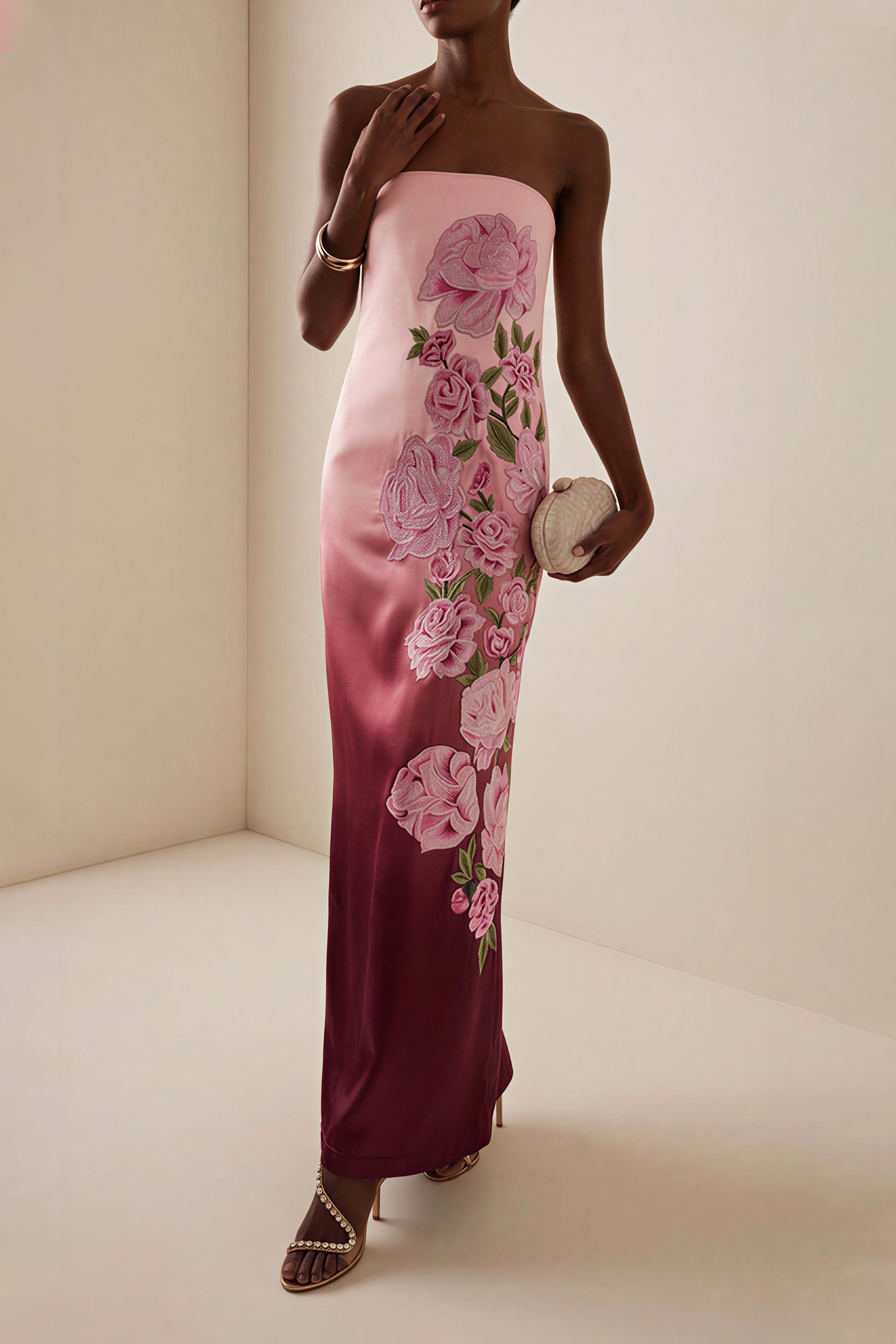 Gradient Color Floral Appliquéd Maxi Dress