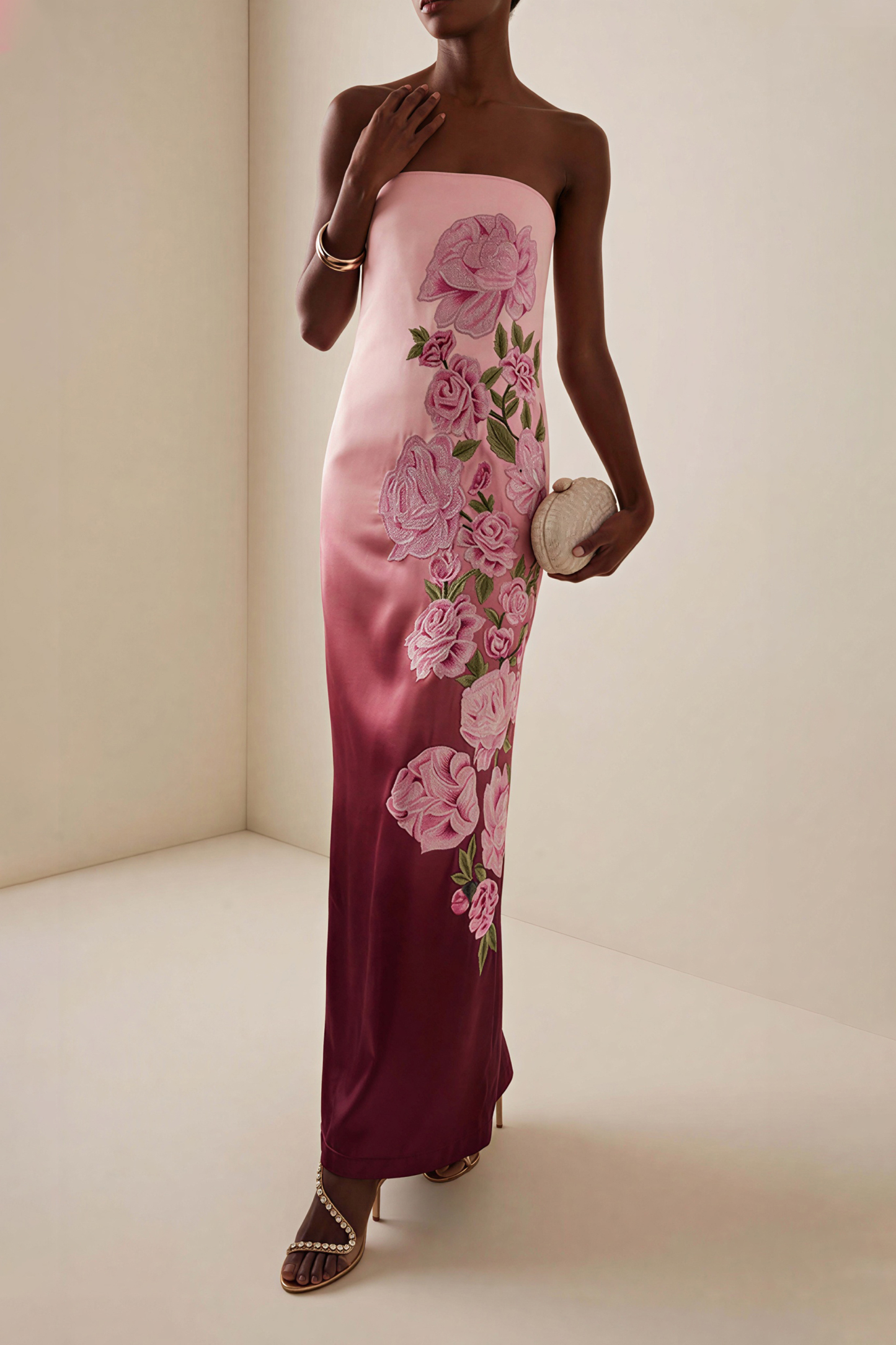 Gradient Color Floral Appliquéd Maxi Dress