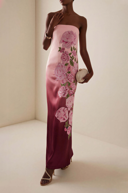 Gradient Color Floral Appliquéd Maxi Dress