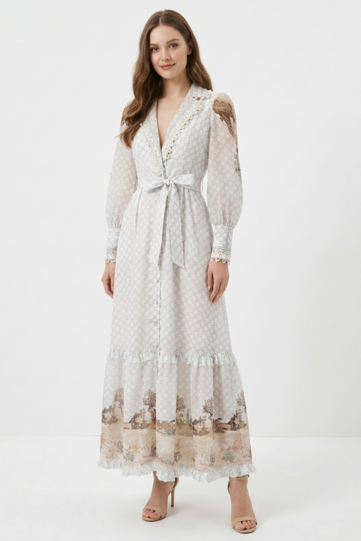 Palace Print V-Neck Rivet Maxi Dress