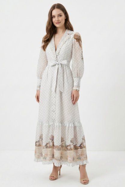 Palace Print V-Neck Rivet Maxi Dress