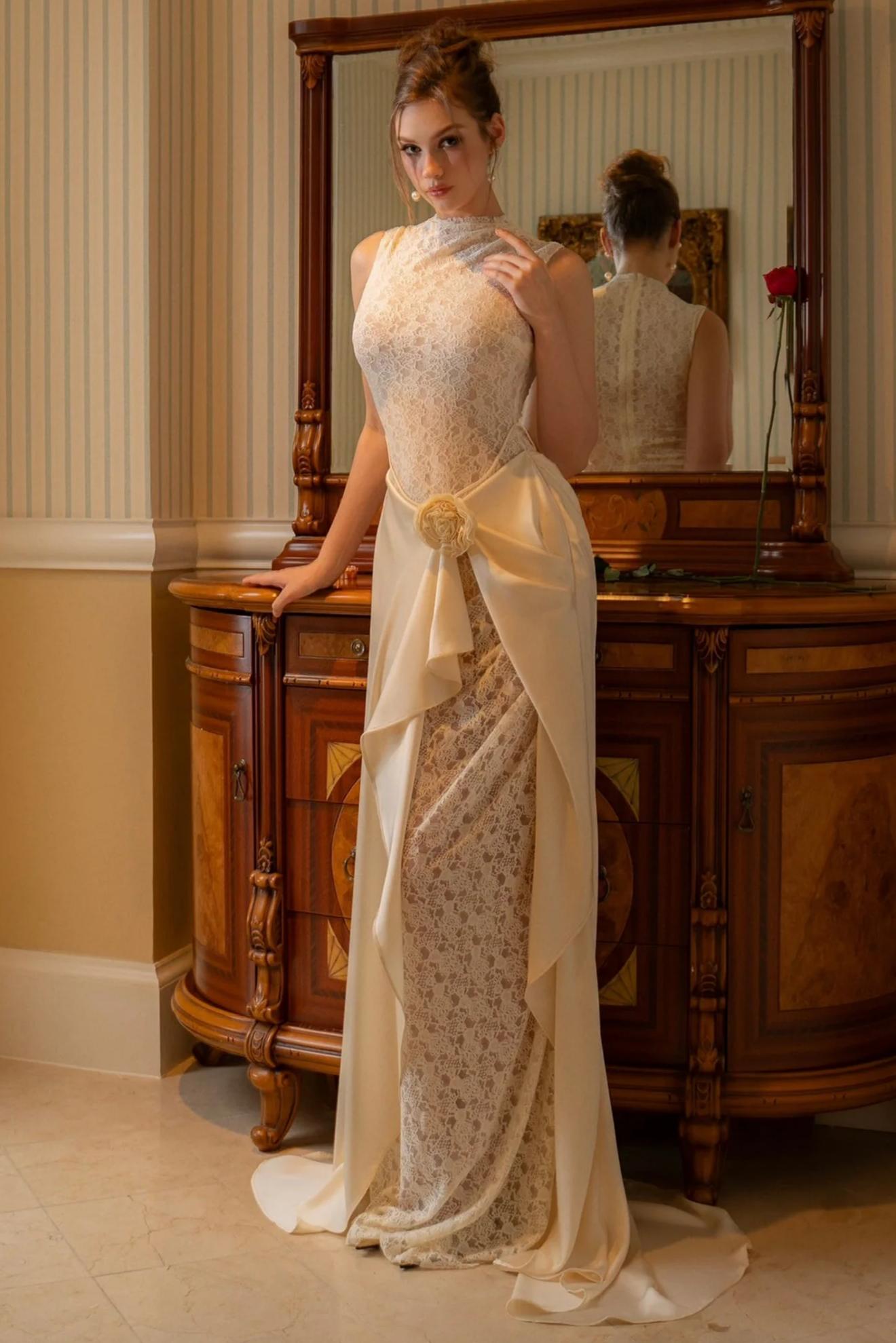 Lace Splicing Satin 3D Flower Maxi Dress