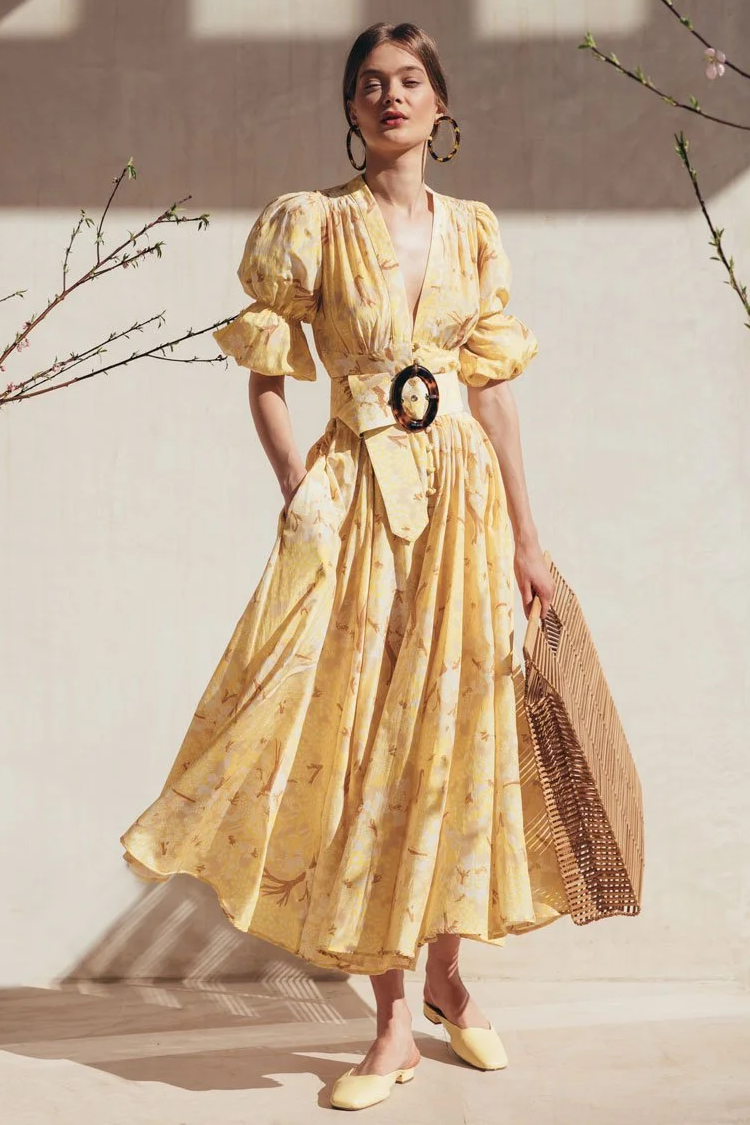 Chiffon Floral V-Neck Midi Dress With Belt