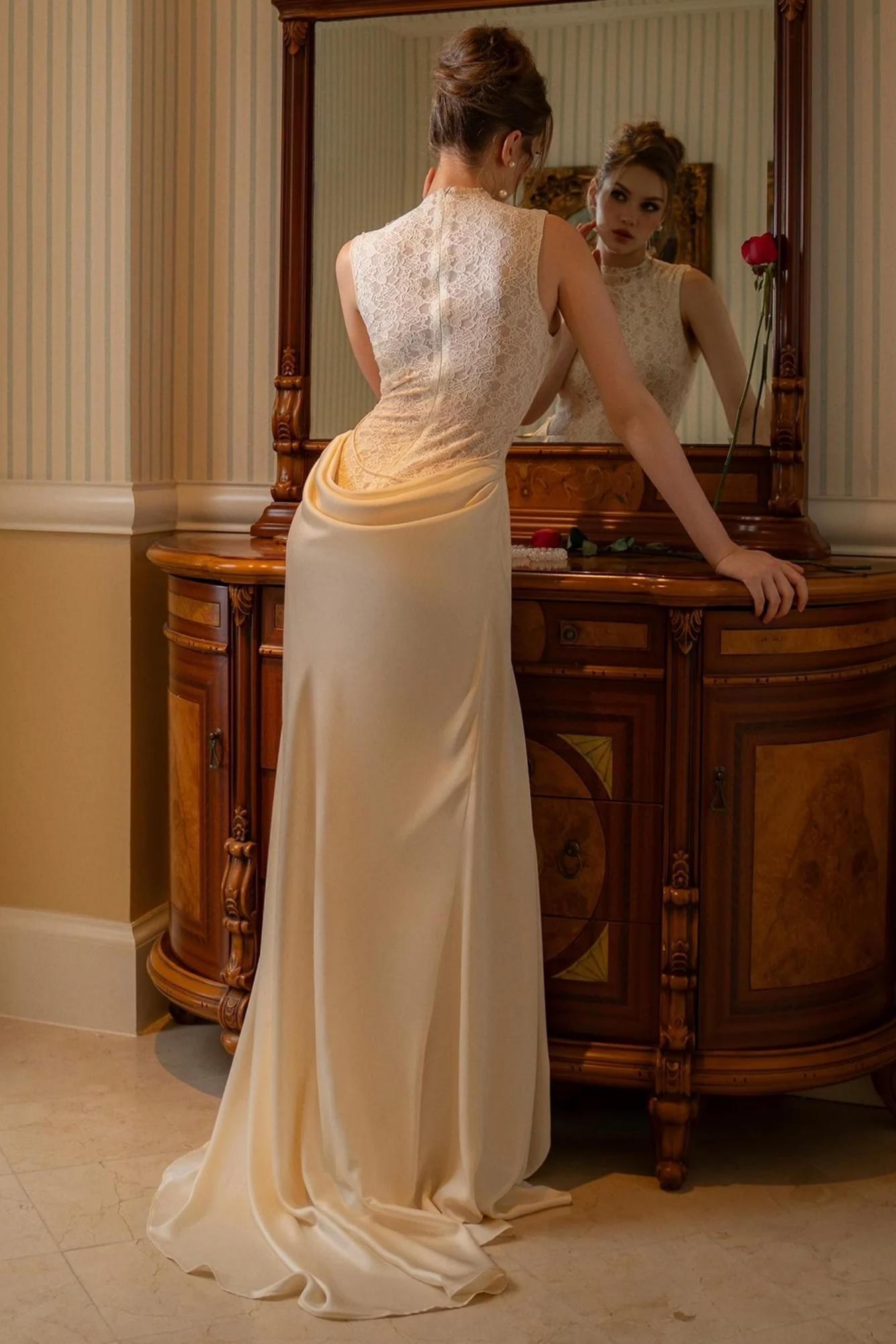 Lace Splicing Satin 3D Flower Maxi Dress