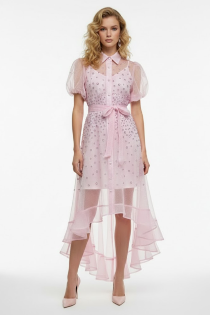 Seersucker Rhinestone Puff Sleeve Maxi Dress With Belt