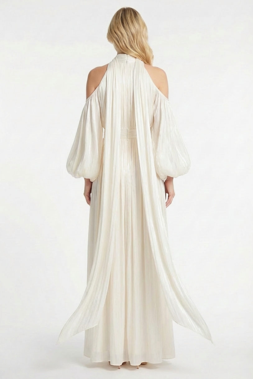 Satin Off-Shoulder Gathering Maxi Dress With Belt